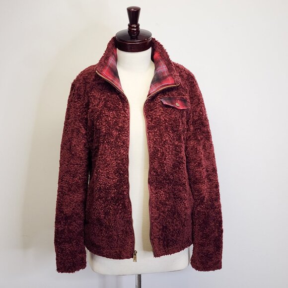 Pendleton Hi-Pile Fuzzy Sherpa Full Zip Fleece Jacket Maroon Plaid Trim Womens L - Picture 12 of 14
